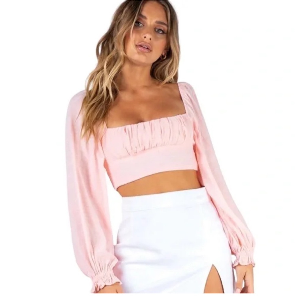 Princess Polly‎ Pink Long Balloon Sleeve Cropped Top Size 0